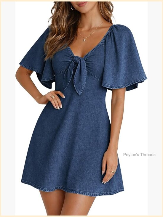 Dresses & Skirts - Tie Front Flutter Sleeve Fit & Flare Denim Dress Casual